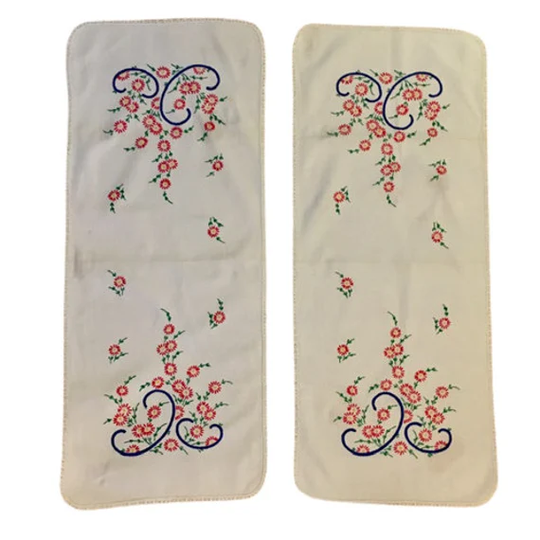 Dresser Scarves Table Runners Set Of Two Vintage Hand Embroidered Red Green Blue White