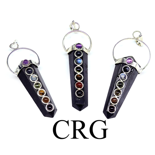 Set Of 4 - Black Tourmaline Thick Pencil Point Pendant with 7 Stone Detail/1.5" Avg