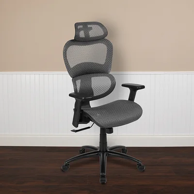 Ergonomic Mesh Office Chair With 2-To-1 Synchro-Tilt, Adjustable Headrest, Lumbar Support, And Adjustable Pivot Arms In Gray