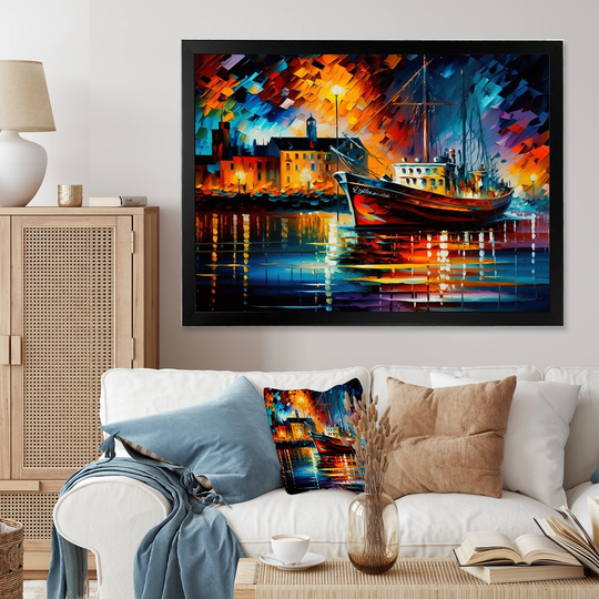 Designart 'Colorful Port With Fishing Boat II' Cityscapes Framed Art Print