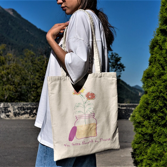 You Gotta Nourish To Flourish Tote Bag-Aesthetic Tote Bag, Plant Line Art Tote, Vegan Gift, Plant Lover Print, Plant Bag