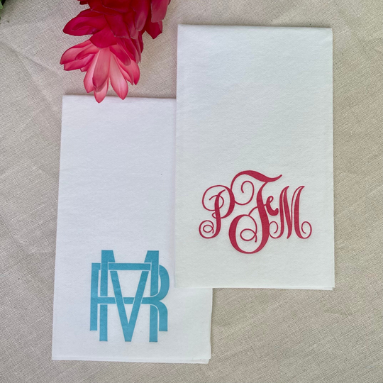 Colored Monogrammed Hand Towels, White Linen-Like Guest Interlocking Event Monogram Napkins, Custom Hostess Gifts, Rehearsal Dinner