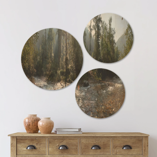 Designart 'Mountain River Panorama' Landscape Wood Wall Art Set of 3 Circles - Multi-Color