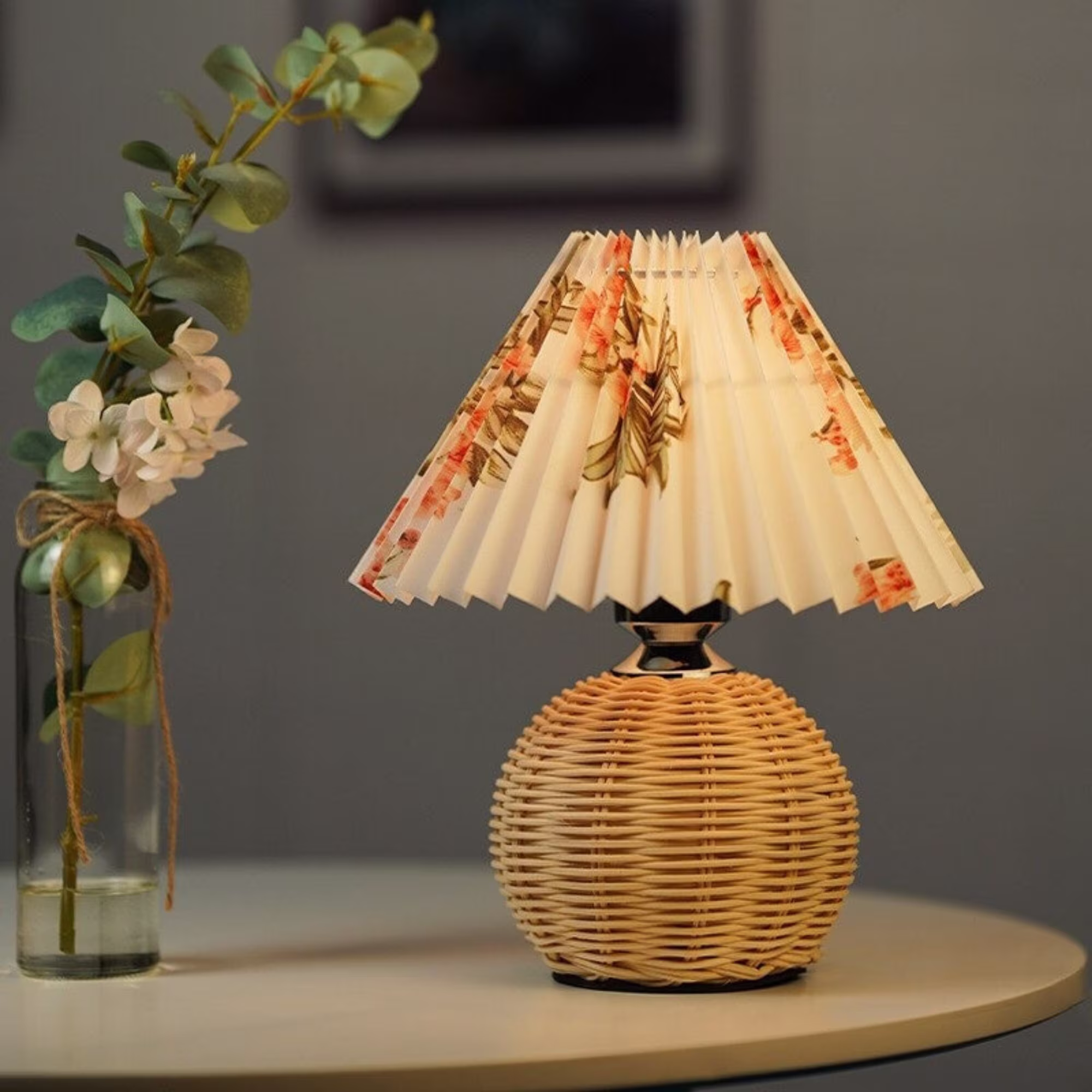 Retro Rattan Pleated Lamp | Table Bedside Vintage Art Deco Mid Century Cute Small Antique