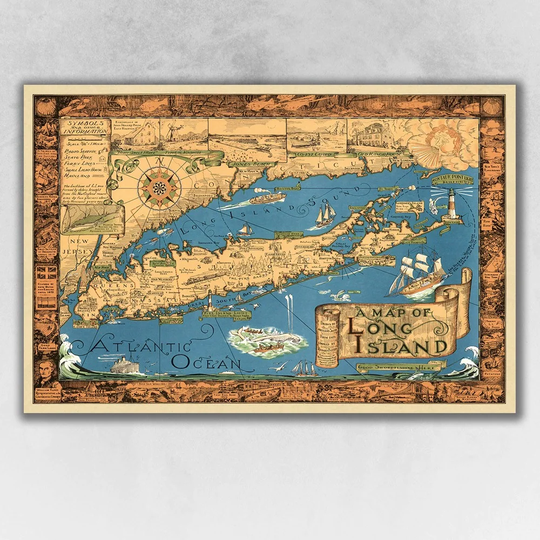 Vintage 1933 Map of Long Island Wall Art - Multi-Color