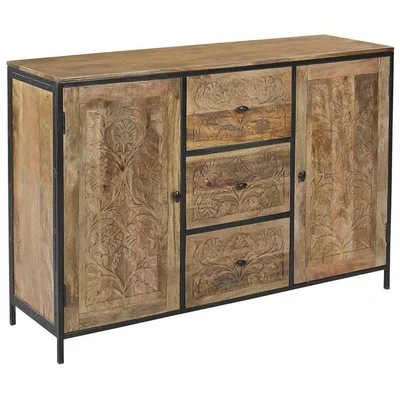60 Inch Reclaimed Distressed Wood Hand Carved Sideboard With Drawers