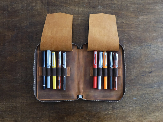 Genuine Leather Handmade 10-Slot Pen Case, Zippered Pencil Pouch, Fountain Camel