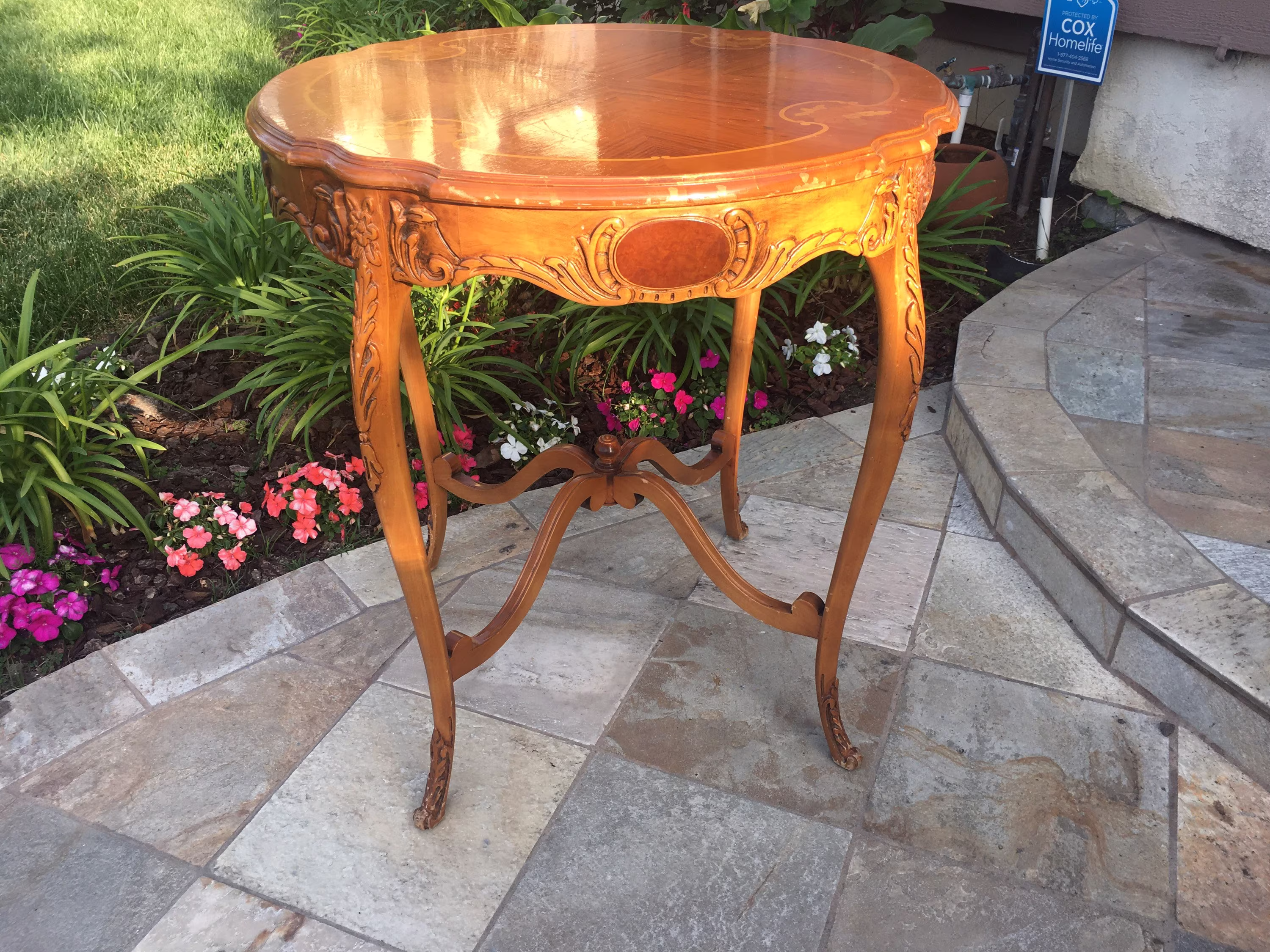 Antique Carved Wood Side Table With Inlaid Wood Top
