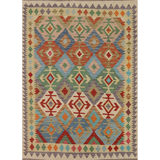 Hand-woven Colorful Kilim Reversible Area Rug Oriental Wool Carpet - 5'0" x 6'10"