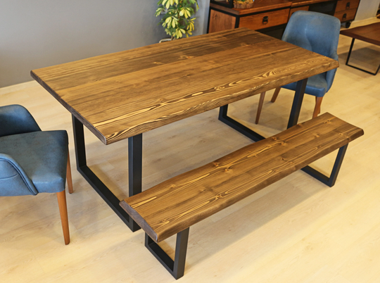 Farmhouse Dining Table & Bench/Solid Wood Kitchen With Metal Legs Rustic Room