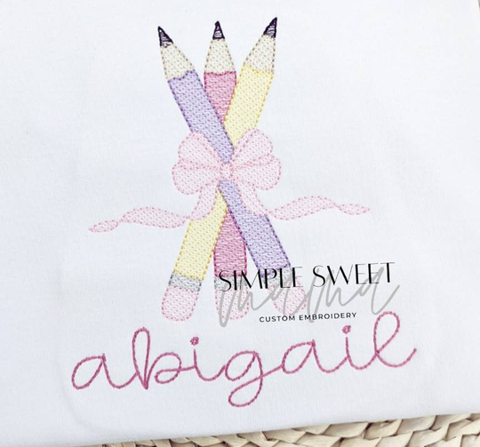 Pencils With Bows Monogram Embroidery T-Shirt/Bubble/Romper