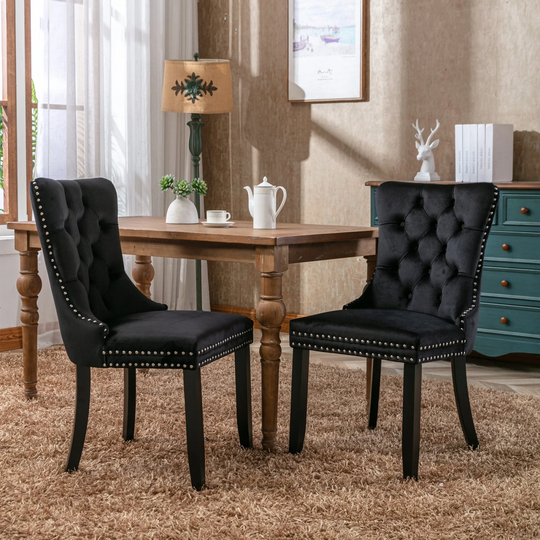 Velvet Upholstered Dining Chair with Wood Legs Nailhead Trim