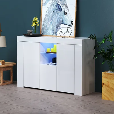 White High Gloss Sideboard With A Shelf & 2 Cabinets & A Drawer