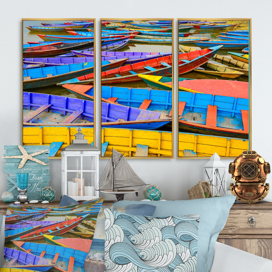 Designart 'Old Colorful Sailboats in Lake' Boats Framed Art Set of 3 - 4 Colors of Frames