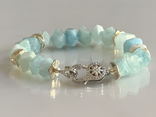 Aquamarine Bracelet, Natural Stretch March Birthstone, Gemstone Crystal Bracelet