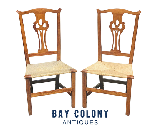 18Th Century Antique New England Pair Of Chippendale Side Chairs With Rush Seats & Pierced Splats