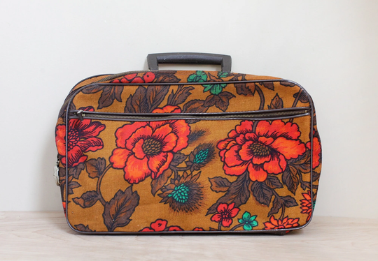 70S Mod Floral Suitcase/ Canvas & Vinyl Flower Power Cutie X Small Carry On Or Weekend Bag/ Great For Craft Office Storage
