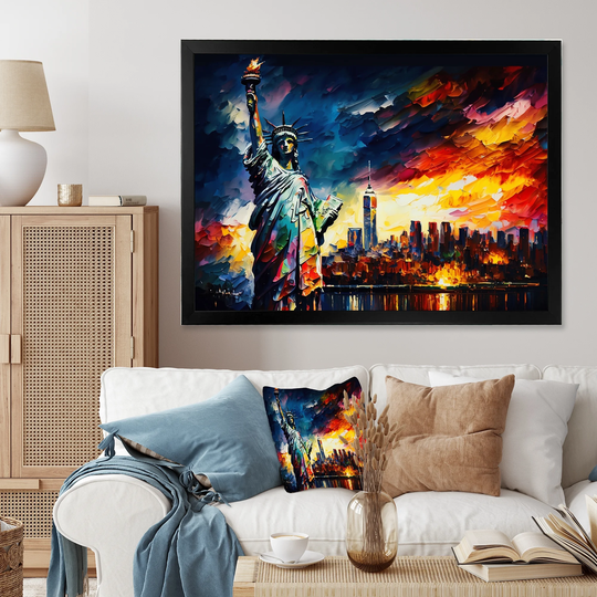 Designart 'Colorful Liberty Statue I' Cityscapes Framed Art Print