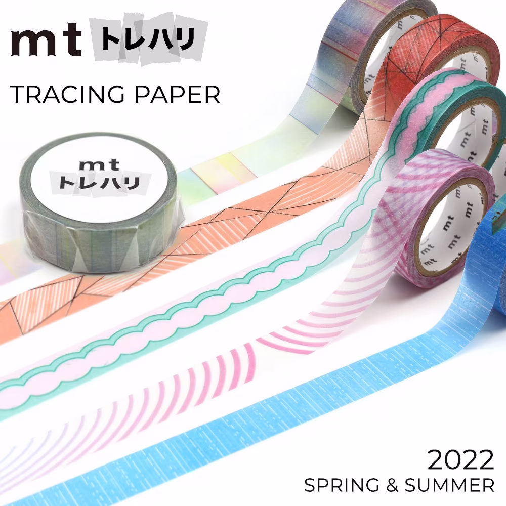 Mt Fab Trehari Tracing Paper 15mm Width Washi Tape Hand-Painted Cross Line, Connected Ellipse, Rain, Ripples Line Moire, Gradation
