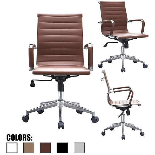 Brown Mid Back PU Leather Executive Office Chair Ribbed Tilt Conference Room Boss Home Work Desk Task Guest With Arms