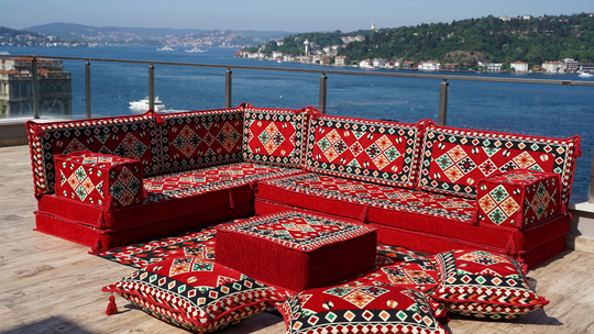 8" Thick Red L Shaped Floor Seating, Traditional Meditation Sofas, Arabic Sofa Corner Couch, Sectional Sofa, Majlis