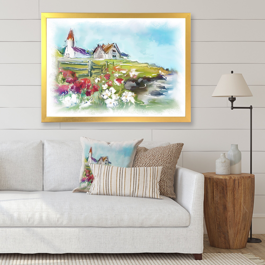 Designart 'White Buildings On Colorful Green Meadow' Country Framed Art Print