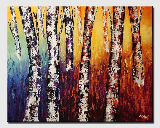 Colorful Birch Trees Painting, Abstract Landscape Painting - Acrylic On Canvas By Osnat Made-To-Order