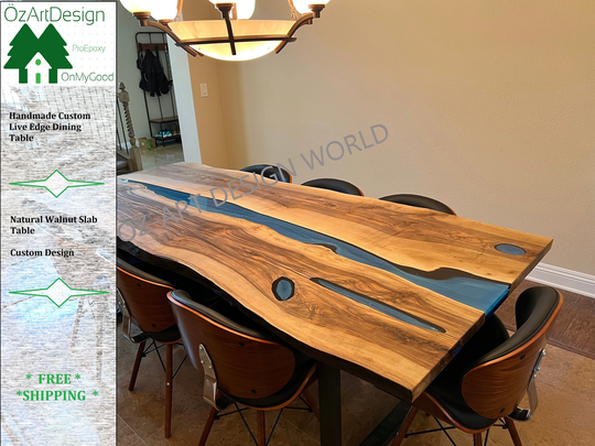 Custom Table Epoxy Resin Coffee Table, Walnut Slab Dining Room Wood Furniture, Live Edge River