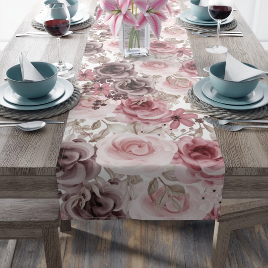 Floral Table Runner, Rose Decor, Pink Purple Housewarming Gift, Gifts, Summer Decor