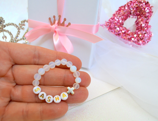 18K Gold Sea Opal Baby Bracelet, Personalized Cross First Communion, Baptism, Shower Gift, Girls Christening