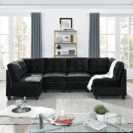 6PCS U Shape Modular Sectional Sofa, DIY Combination Velvet Living Room Furniture Sofa Set, Include 4 Single Chair & 2 Corner