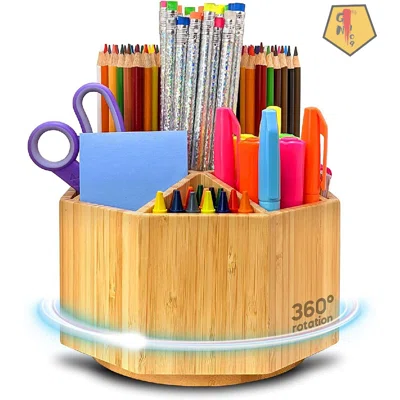 Rotating Pencil Holder, Bamboo Pen Holder, Art Supply Organizer, Pencil Organizer That Holds 325-Plus Pencils, Pen Organizer With 9 Compartments, Desk