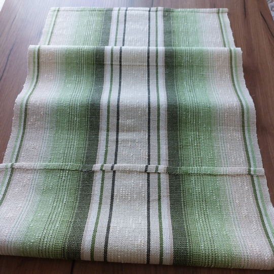 Vintage Woven Linen Short Table Runner, Topper, Striped Green White Dress, Scandinavian Vintage Textile, Table Linens | E1