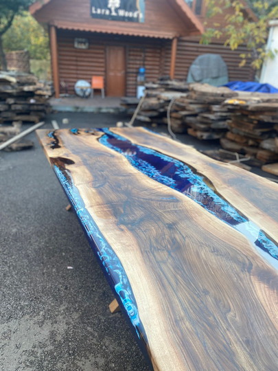Handmade Epoxy Table, Live Edge Custom 150" X 48" Walnut Blue River Dining Order For Lauren Ca