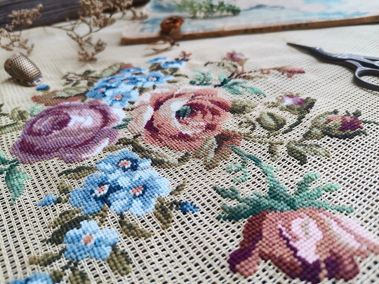 Shabby Soft White Pink Bouquet Chair Cover. Large Floral Cover . Vintage Preworked Needlepoint Canvas