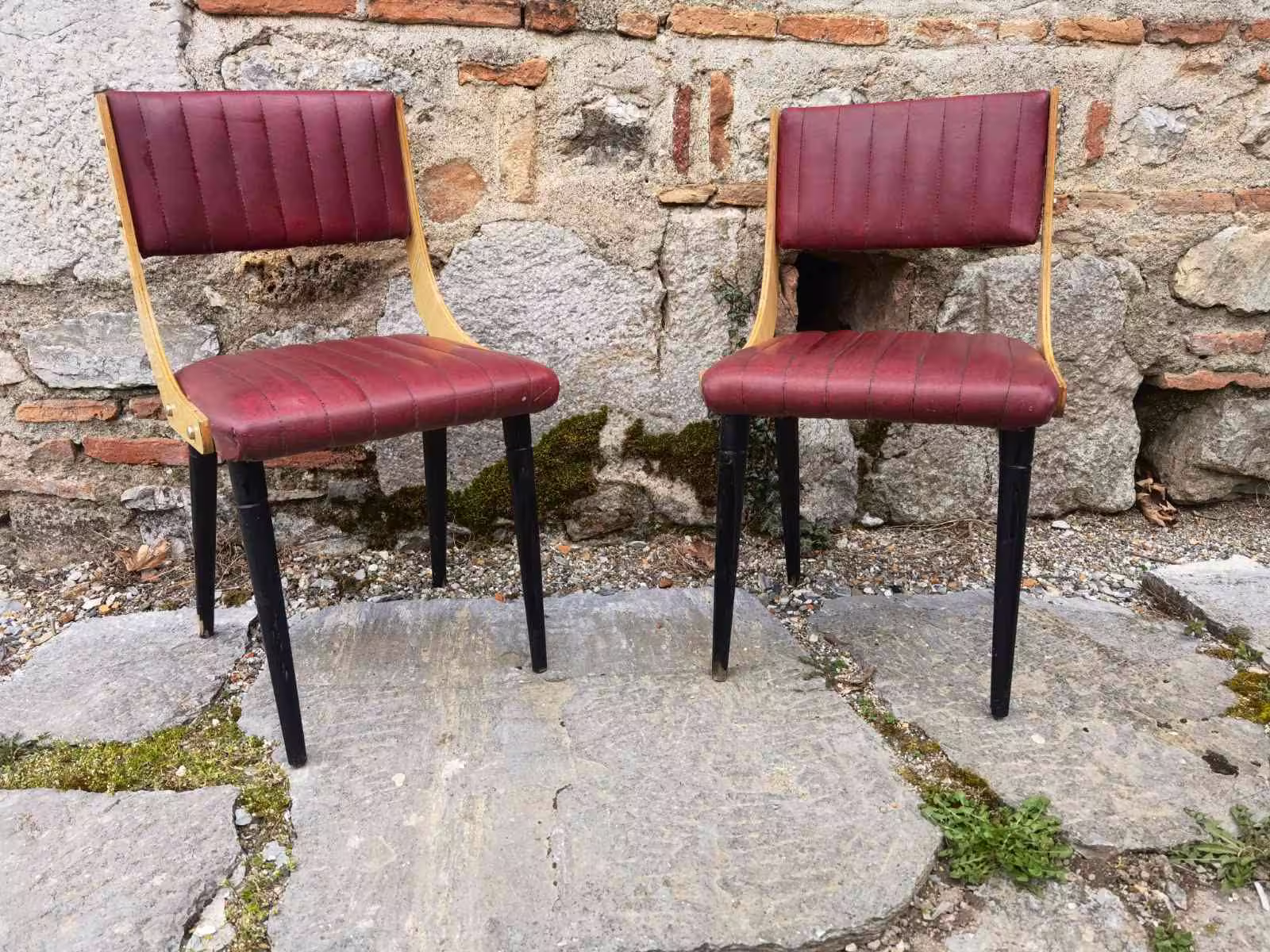Vintage Art Deco 1970's Chairs, Leather & Wood Retro Chairs