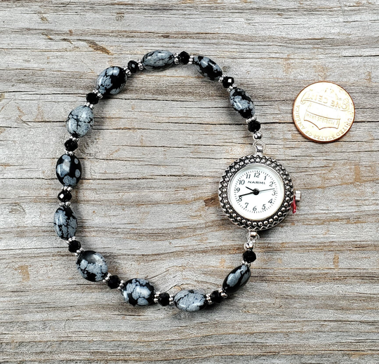 Snowflake Obsidian Bracelet Watch, Very Durable Stretchy Band, Available in Multiple Sizes