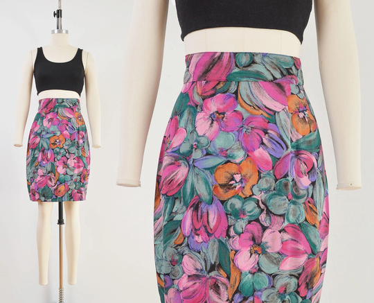 Painterly Floral Skirt | 80S Vintage High Waist Knee Length Pencil Size Small 27 Waist