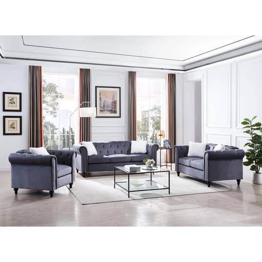 3 Piece Living Room Sofa Set Including 3-seater Sofa, Loveseat and Sofa Chair with Button and Copper Nail on Arms and Back