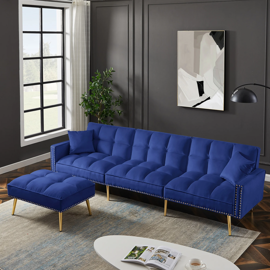Velvet Reversible Sectional Sofa Bed with Ottoman, Adjustable Backrest Sofa with Nailhead Trim and Tufted Cushion