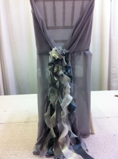 Custom Made Gray Chiffon Chair Cover With & White Curly Accents