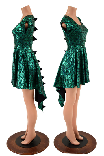Green Dragon Tail Pocket Skater Dress with Cap Sleeves, Scoop Neck, High Back Neck & Black Mystique Spikes All The Way Down 157717