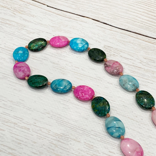 Colorful Necklace, Multicolor Bead Bright Color Pink Blue Green Necklace