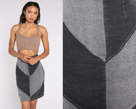 Tight Mini Skirt Black Pencil 90S Color Block Grey 80S Vintage High Waisted Plain Sheath Secretary Small Xs S