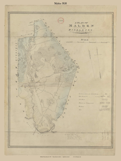 Malden 1830 Town Plan - Old Roads Map Reprint Restored Massachusetts Archives Ma