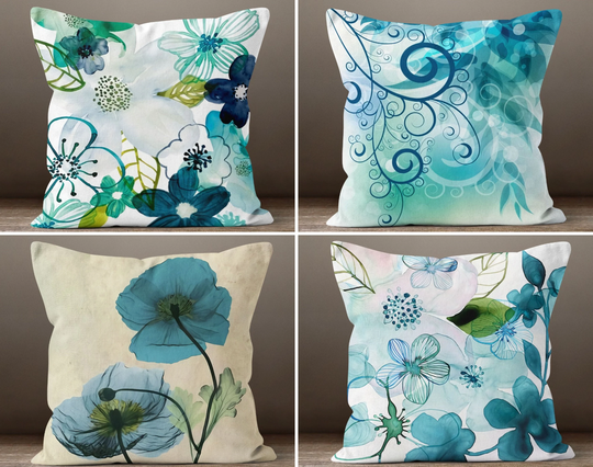 Blue Flower Sofa Pillow Covers, Decorative Trend Floral Accent Outdoor Patio Porch Botanic Fashionable Couch Cushion Case, Modern Home Decor