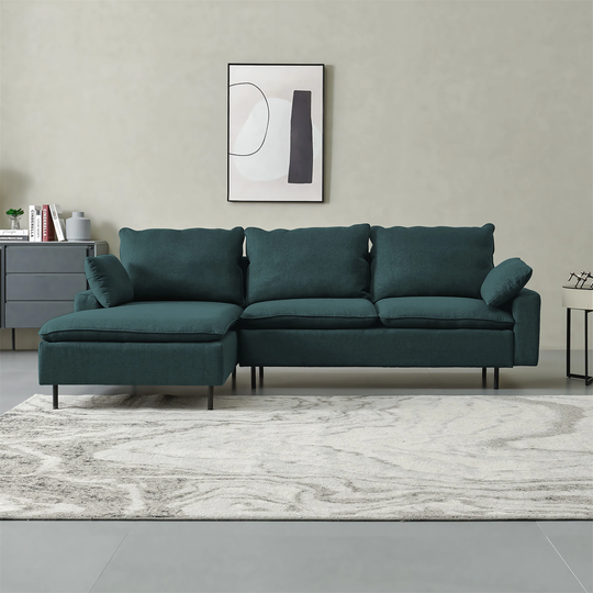 L-Shaped Linen Sectional Sofa with Right Chaise for Home Emerald