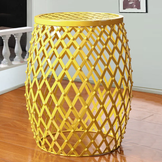 Adeco Bright Yellow Metal End Table Drum Patio Side Table - 15"D x 15"W x 18"H