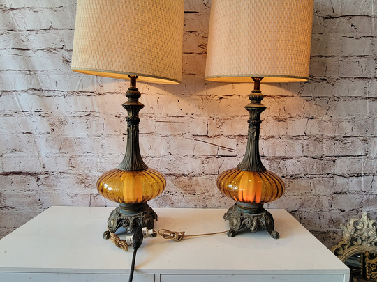 Mid Century Hollywood Regency Table Lamps, Amber Optic Empoli Glass, Ornate Brass, 3 Way Lighting, Vintage