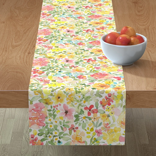 Watercolor Floral Table Runner - Optimism By Lolahstudio Flowers Spring Summer Garden Cotton Sateen Spoonflower